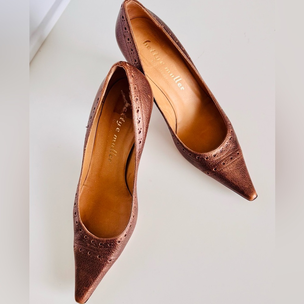 ANTHROPOLOGIE + BETTYE MULLER Copper Bronze Leather Pointed Toe High Heels